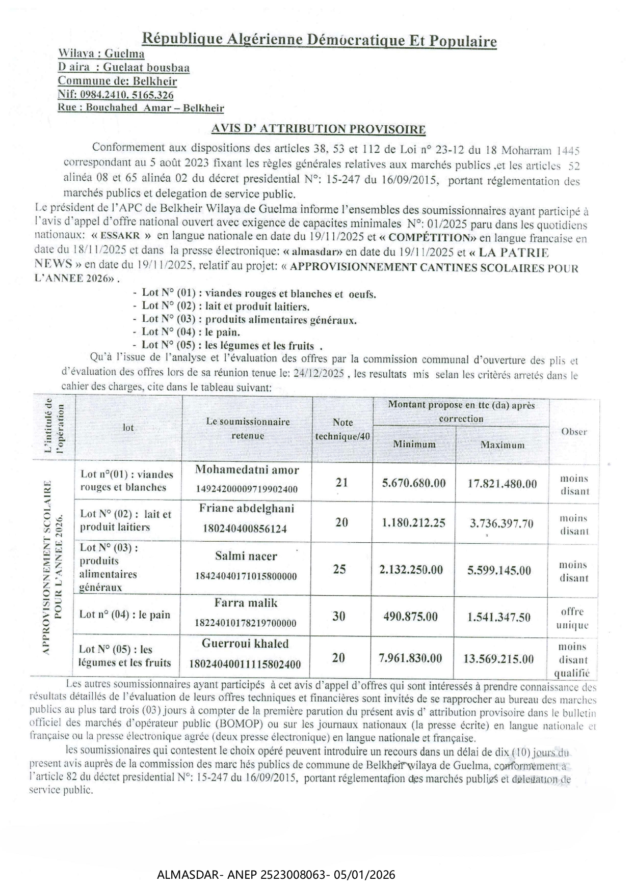 /AVIS D'ATTRIBUTION PROVISOIRE//