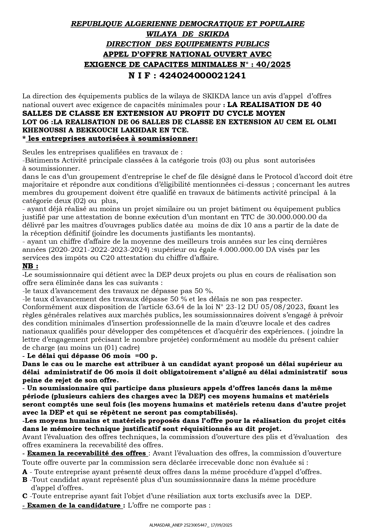 appel d'offre national ouvert n 40/2025