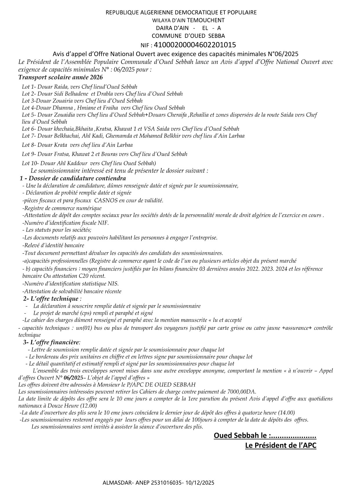 avis d'appel d'offre national ouvert avec exigence des capacites minimales n 06/2025