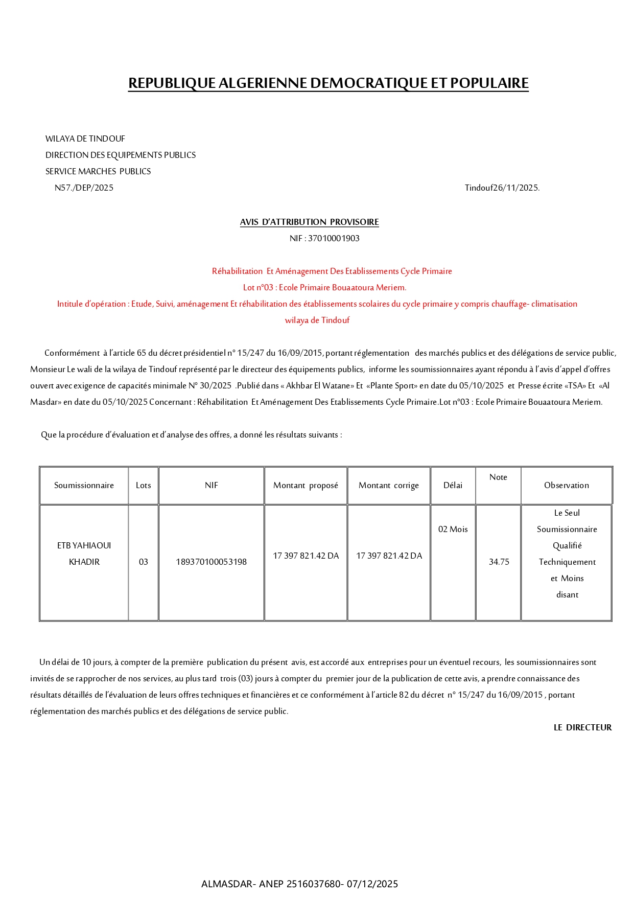 AVIS  D’ATTRIBUTION  PROVISOIRE **