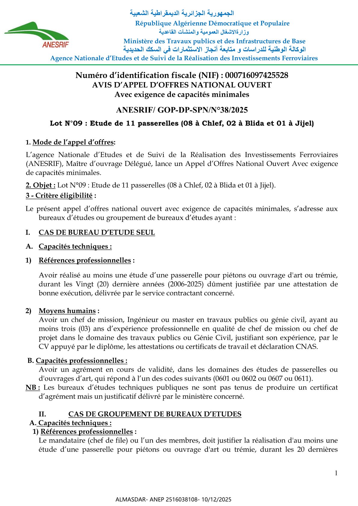 AVIS D'APPEL D'OFFRES NATIONAL OUVERT AVEC EXIGENCE DE CAPACITES MINIMALES 38/2025