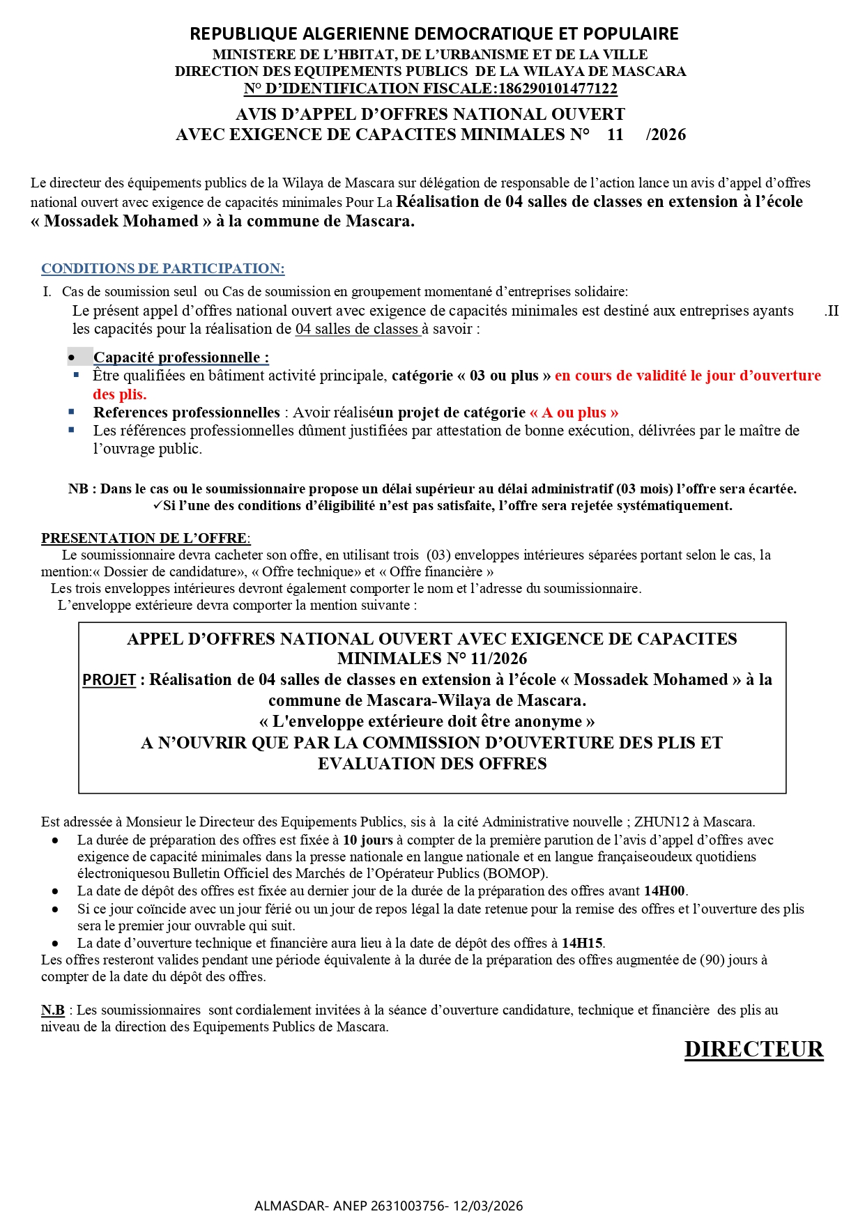AVIS D’APPEL D’OFFRES NATIONAL OUVERT  AVEC EXIGENCE DE CAPACITES MINIMALES N°    11     /2026