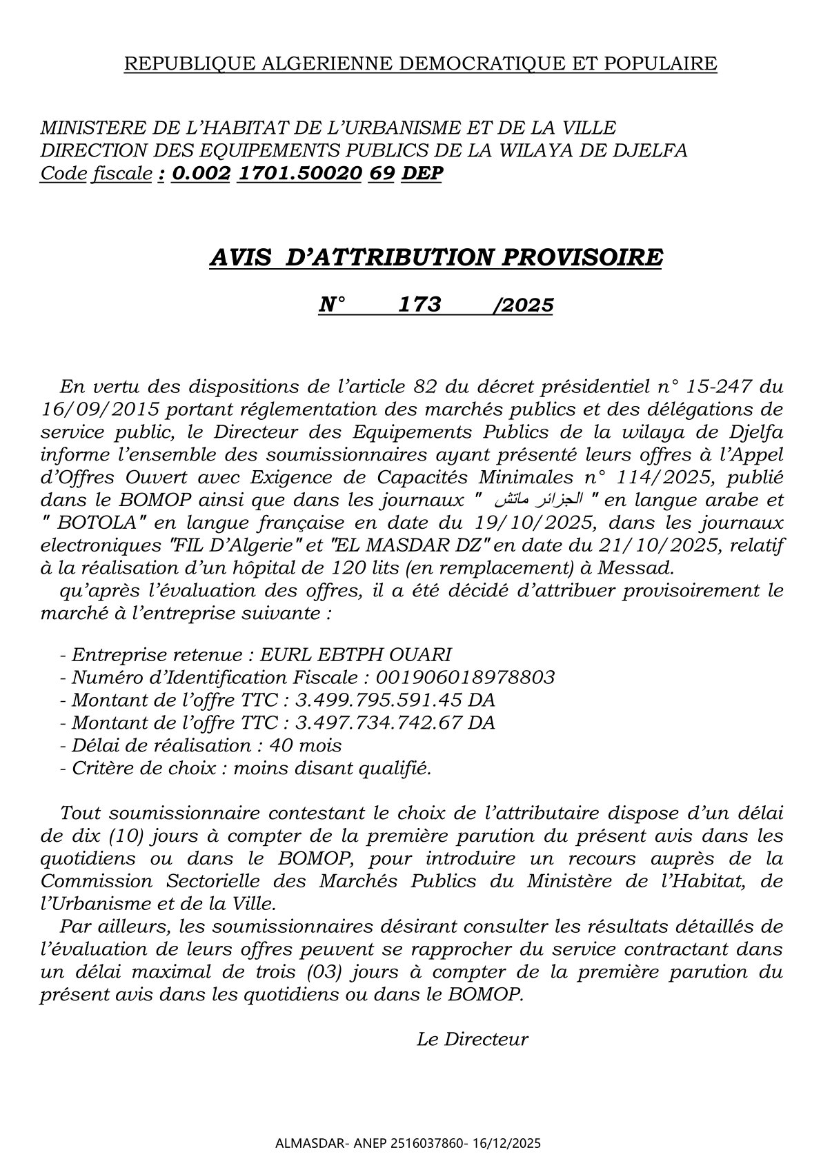 AVIS  D’ATTRIBUTION PROVISOIRE     N°       173       /2025