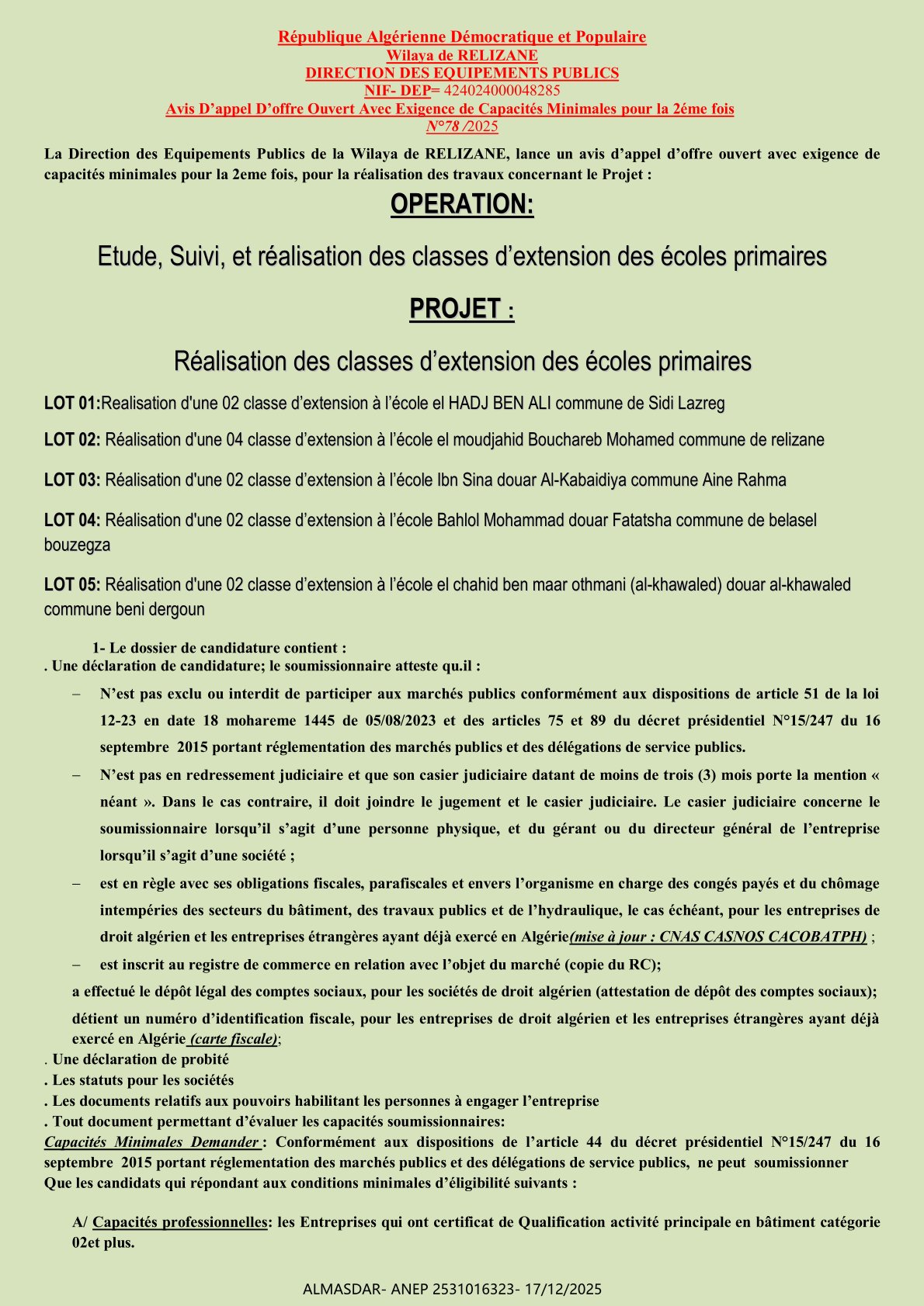 Avis D’appel D’offre Ouvert Avec Exigence de Capacités Minimales pour la 2éme fois  N°78 /2025 