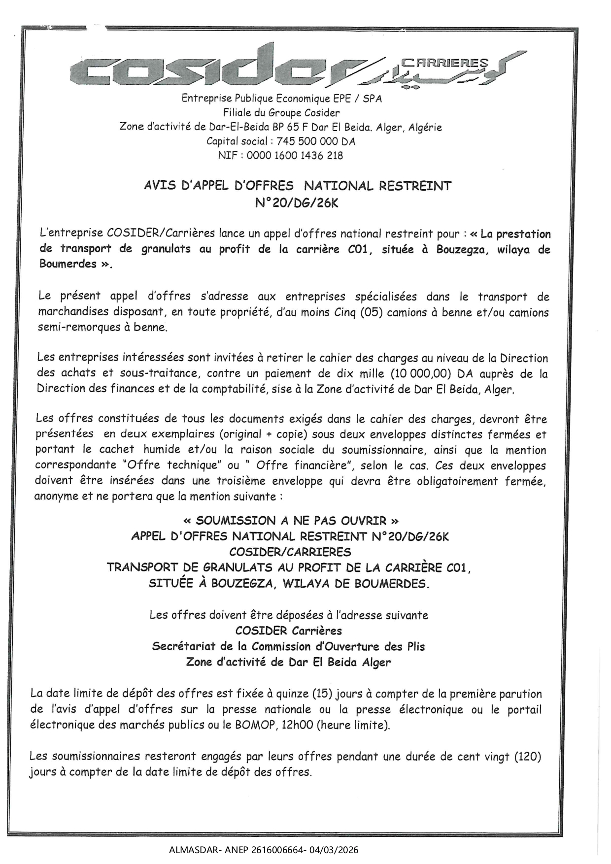 avis d'appel d'offres national restreint n 20/26