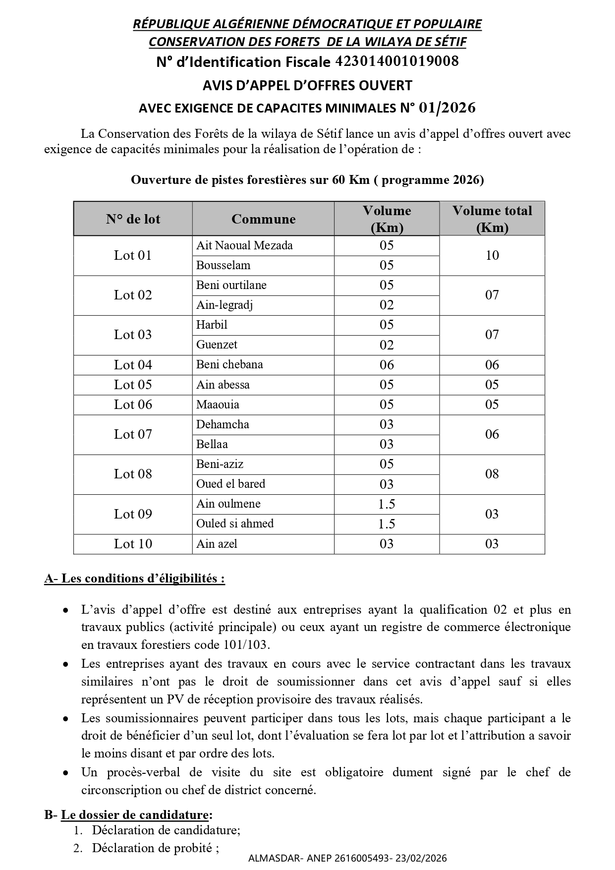 AVIS D’APPEL D’OFFRES OUVERT   AVEC EXIGENCE DE CAPACITES MINIMALES N° 01/2026 