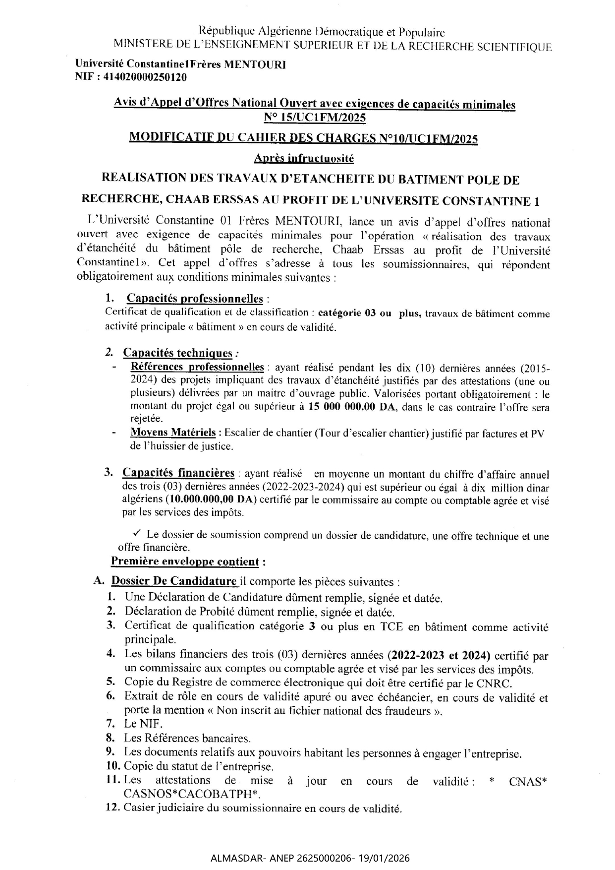 AVIS D'APPEL D'OFFRES NATIONAL OUVERT AVEC EXIGENCE DESµ CAPACITES MINIMALES N 15/2025