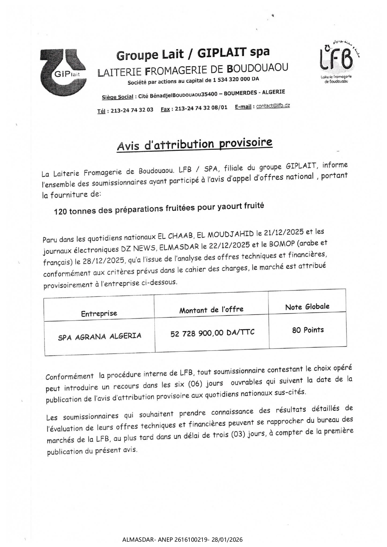 */Avis d'attribution rovisoire