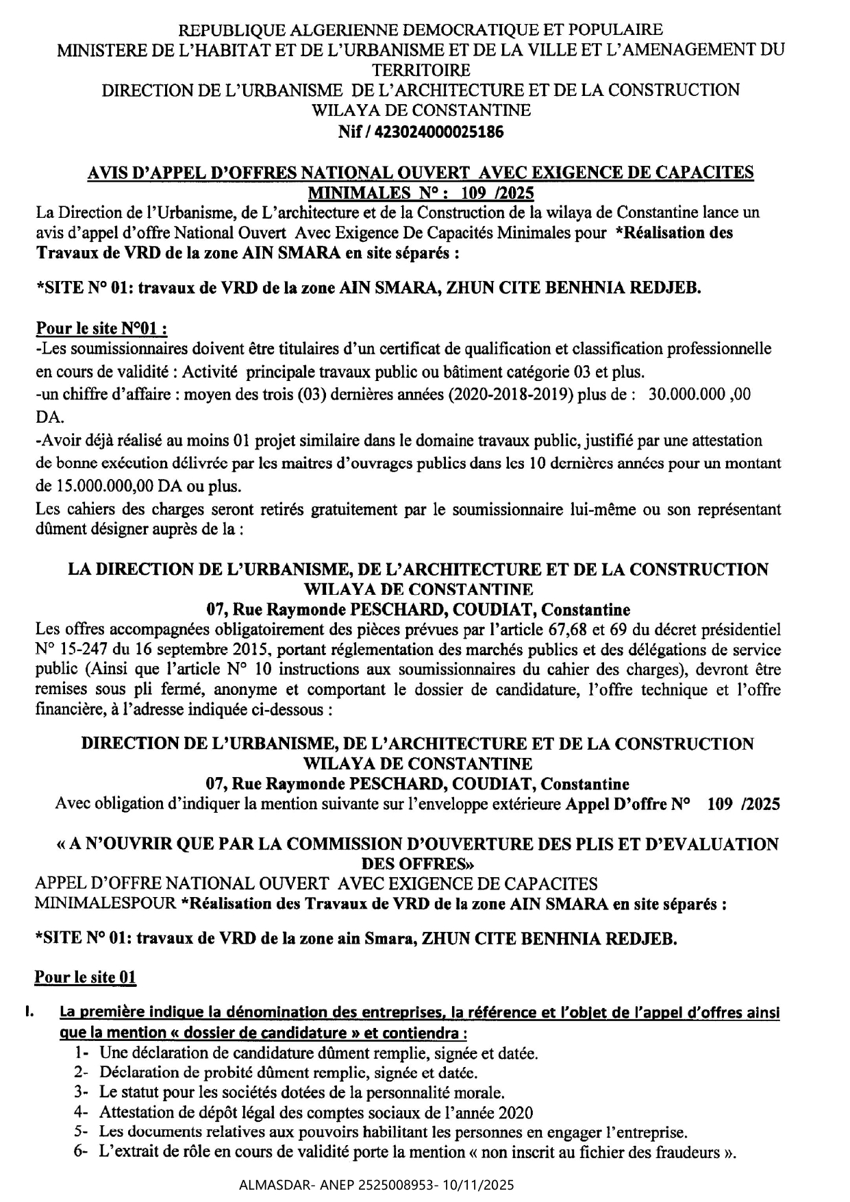 avis d'appel d'offres national ouvert avec exigence de capacites minimales n 2025/109