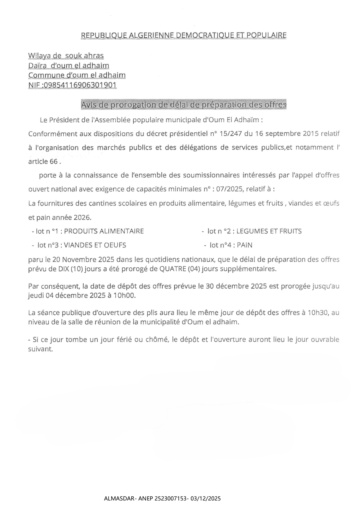 AVIS DE PROROGATION DE DELAI DE PREPARATION DES OFFRES