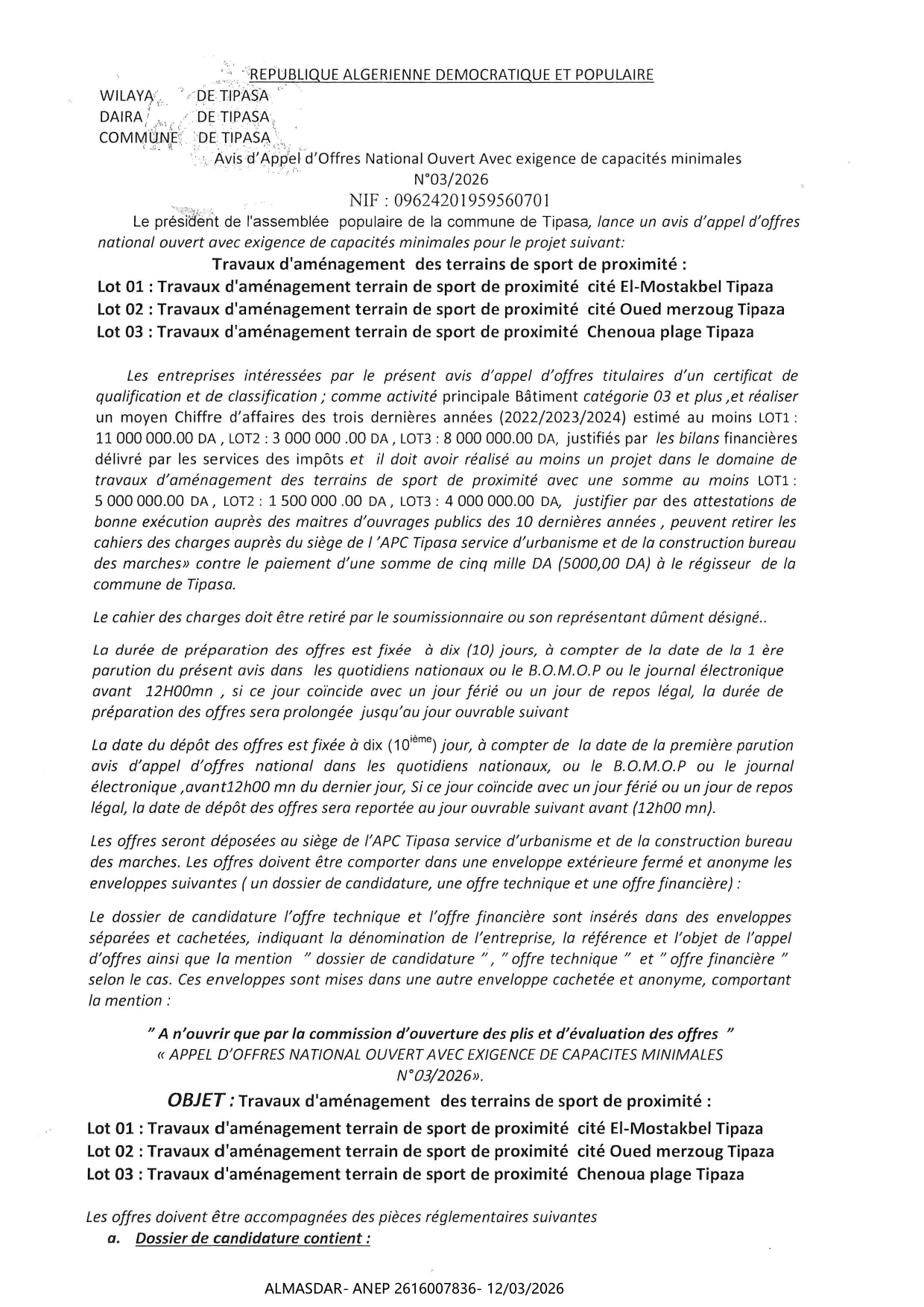 *-avis d'appel d'offres national ouvert avec exigence de capacites minimales n 03/2026