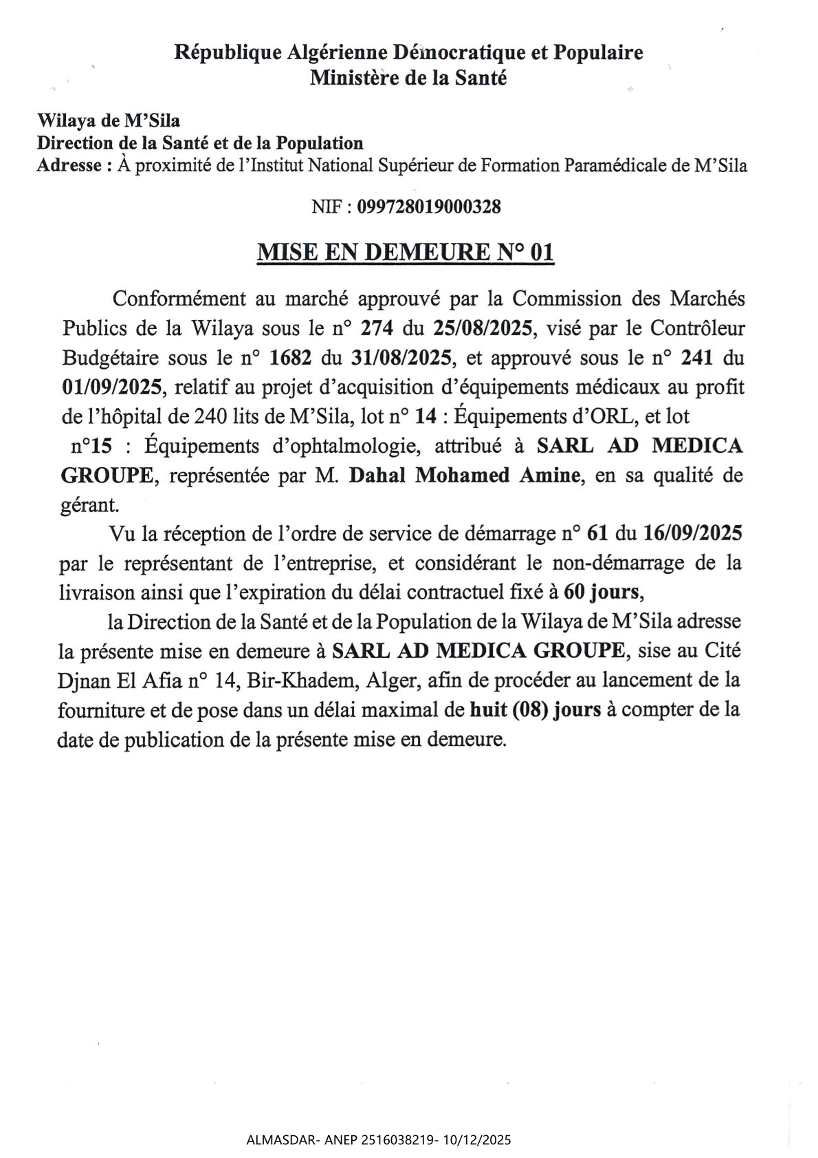 *MISE EN DEMEURE N 01