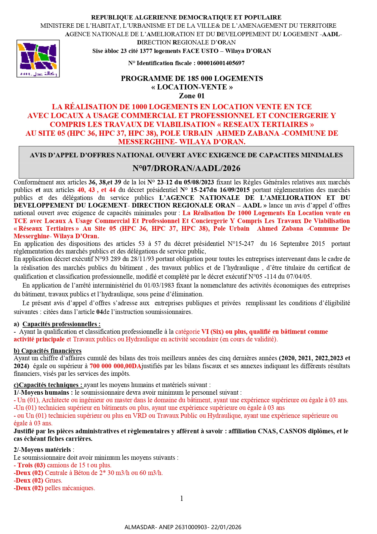 AVIS D’APPEL D’OFFRES NATIONAL OUVERT AVEC EXIGENCE DE CAPACITES MINIMALES   N°07/DRORAN/AADL/2026