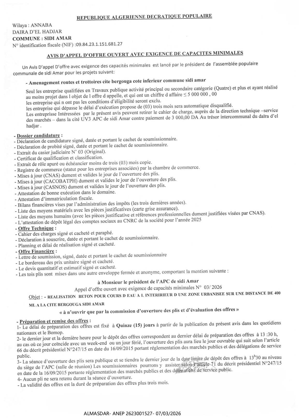 avis d'appel d'offre ouvert avec exigence de capacites minimales /*/