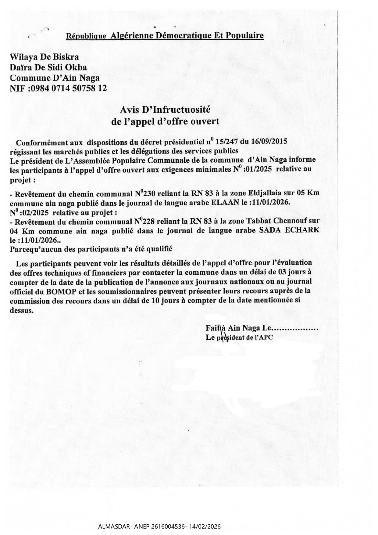 Avis D'Ihfructuosité de l'appel d'offlç ouvert