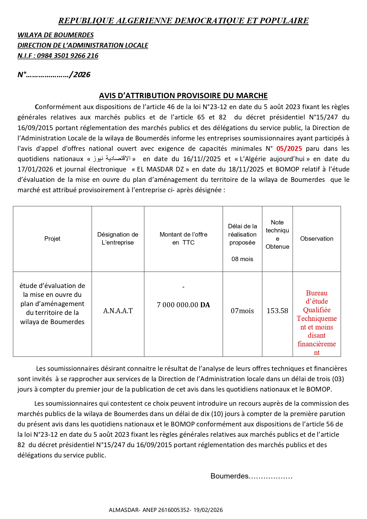 */AVIS D’ATTRIBUTION PROVISOIRE DU MARCHE 