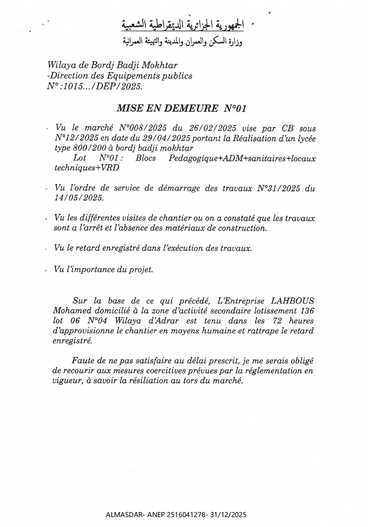 ***MISE EN DEMEURE N 01