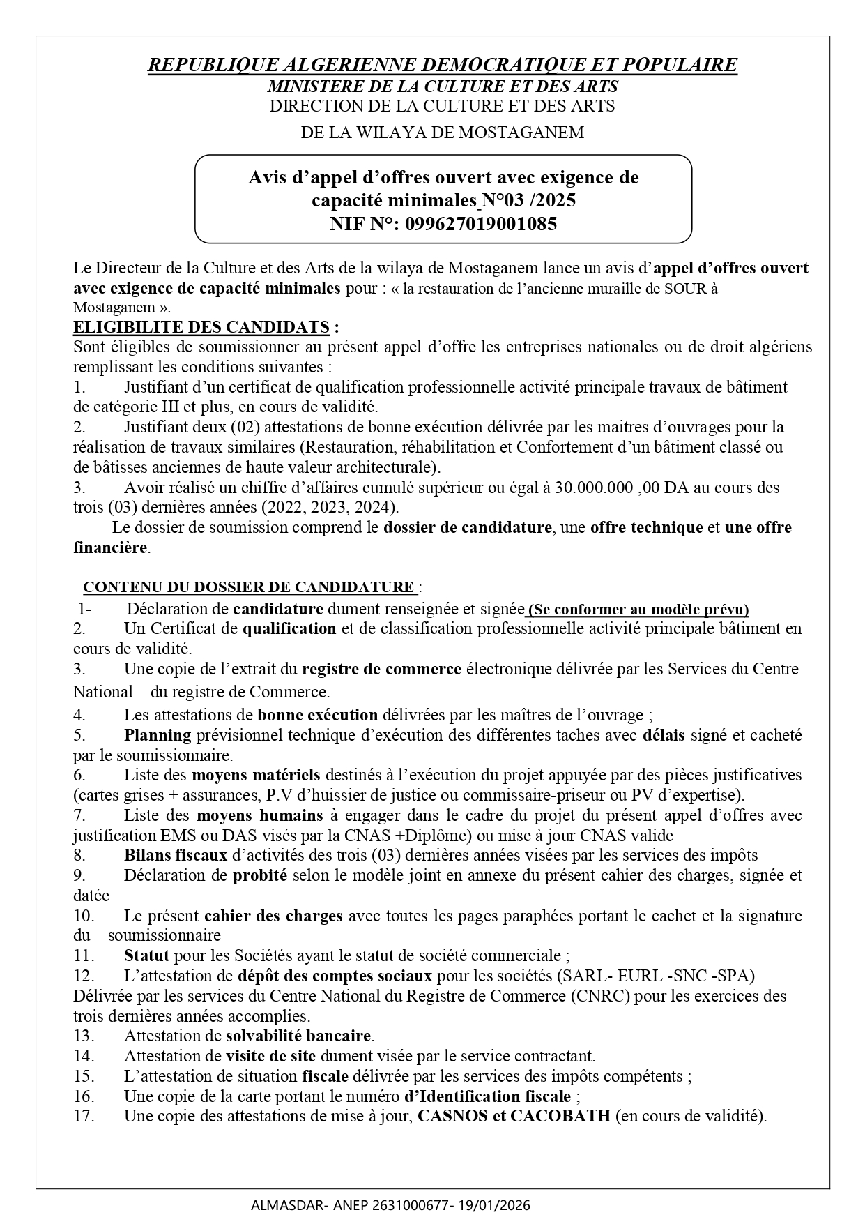 Avis d’appel d’offres ouvert avec exigence de   capacité minimales N°03 /2025