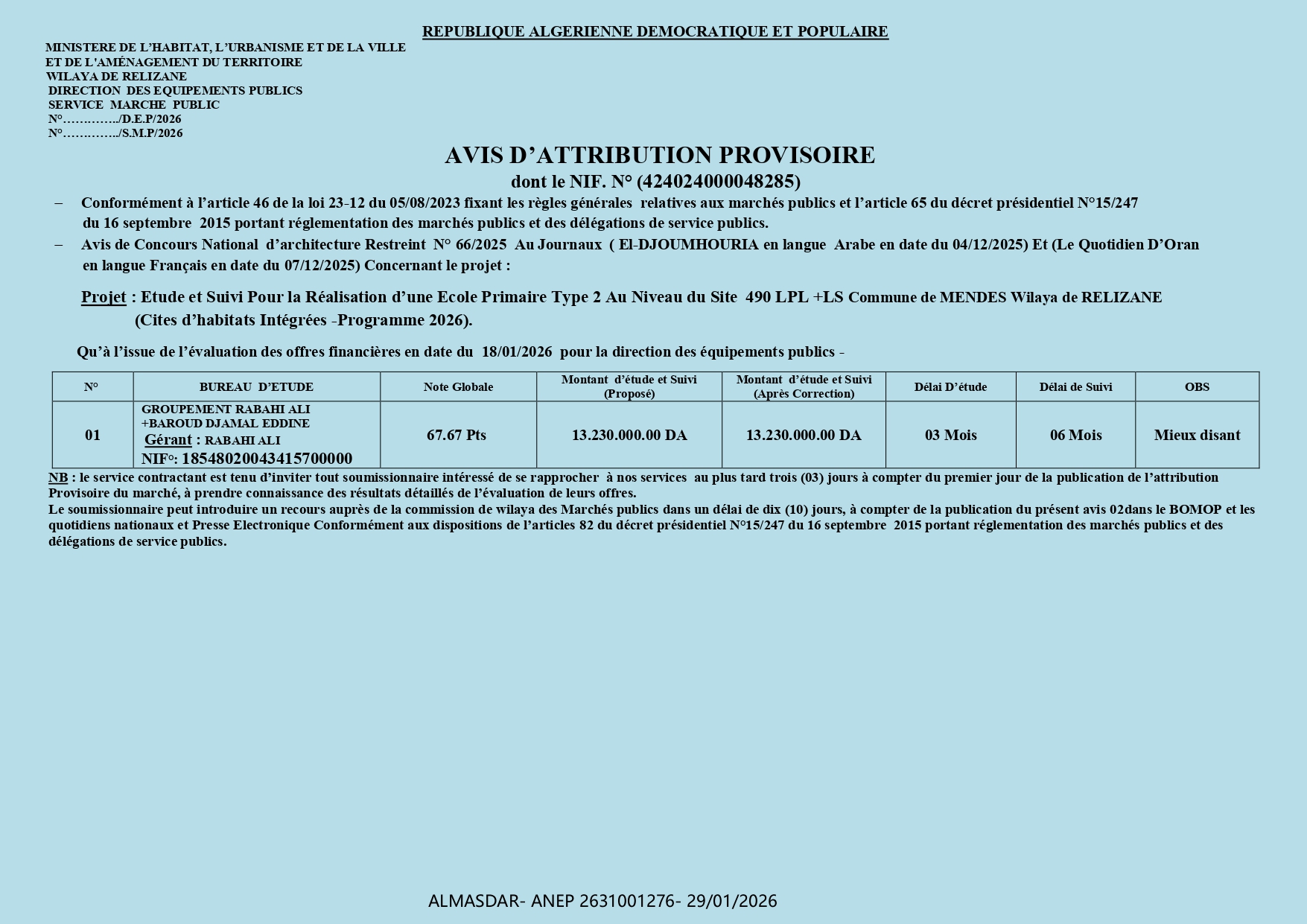 AVIS D’ATTRIBUTION PROVISOIRE */