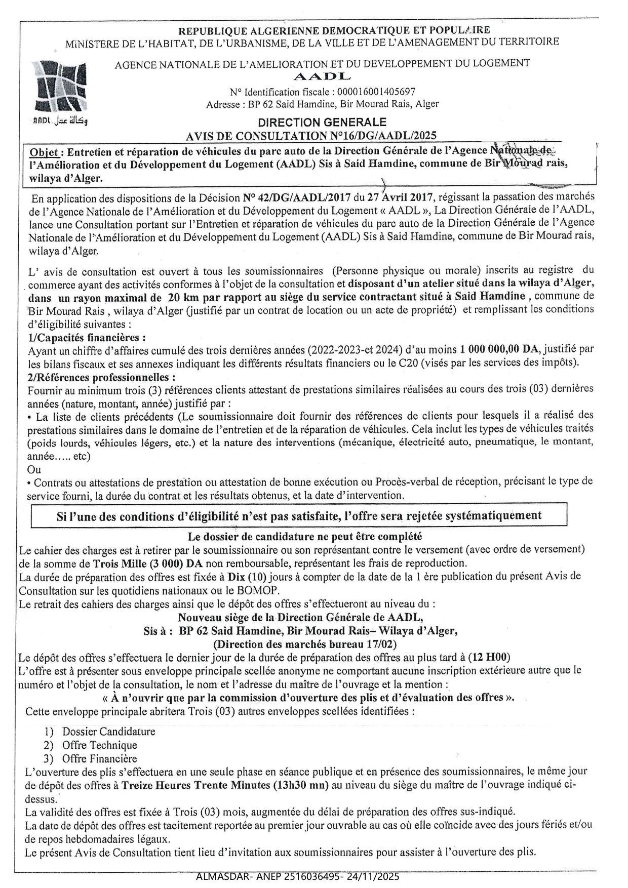 AVIS DE CONSULTATION N°16/dg/aadl/2025