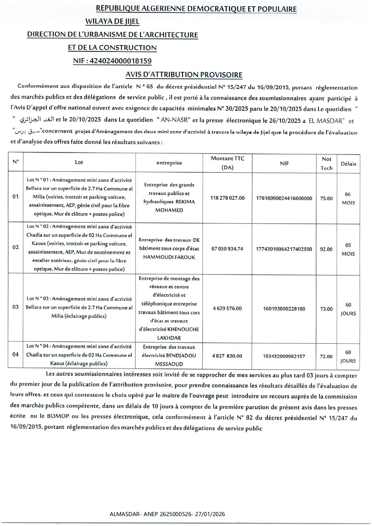 /*AVIS D'ATTRIBUTION PROVISOIRE*/