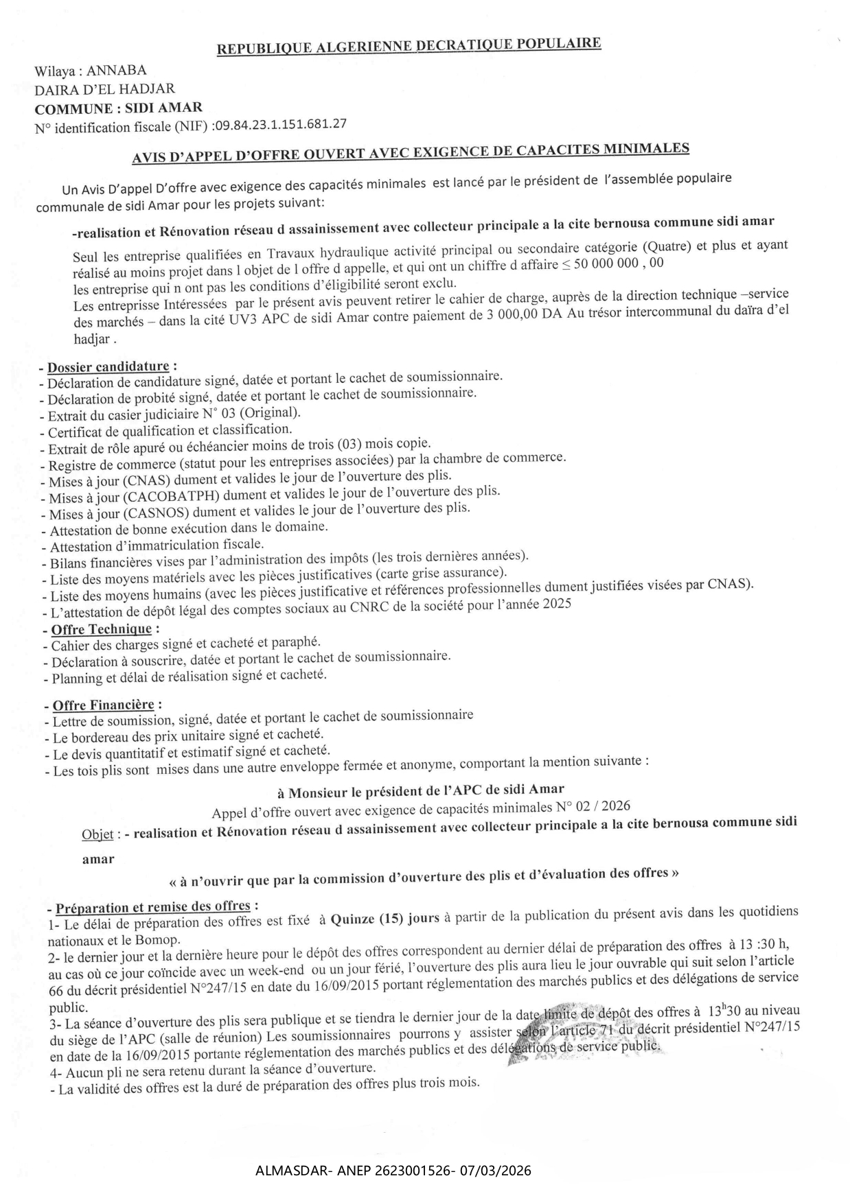 -*avis d'appel d'offre ouvert avec exigence de capacites minimales