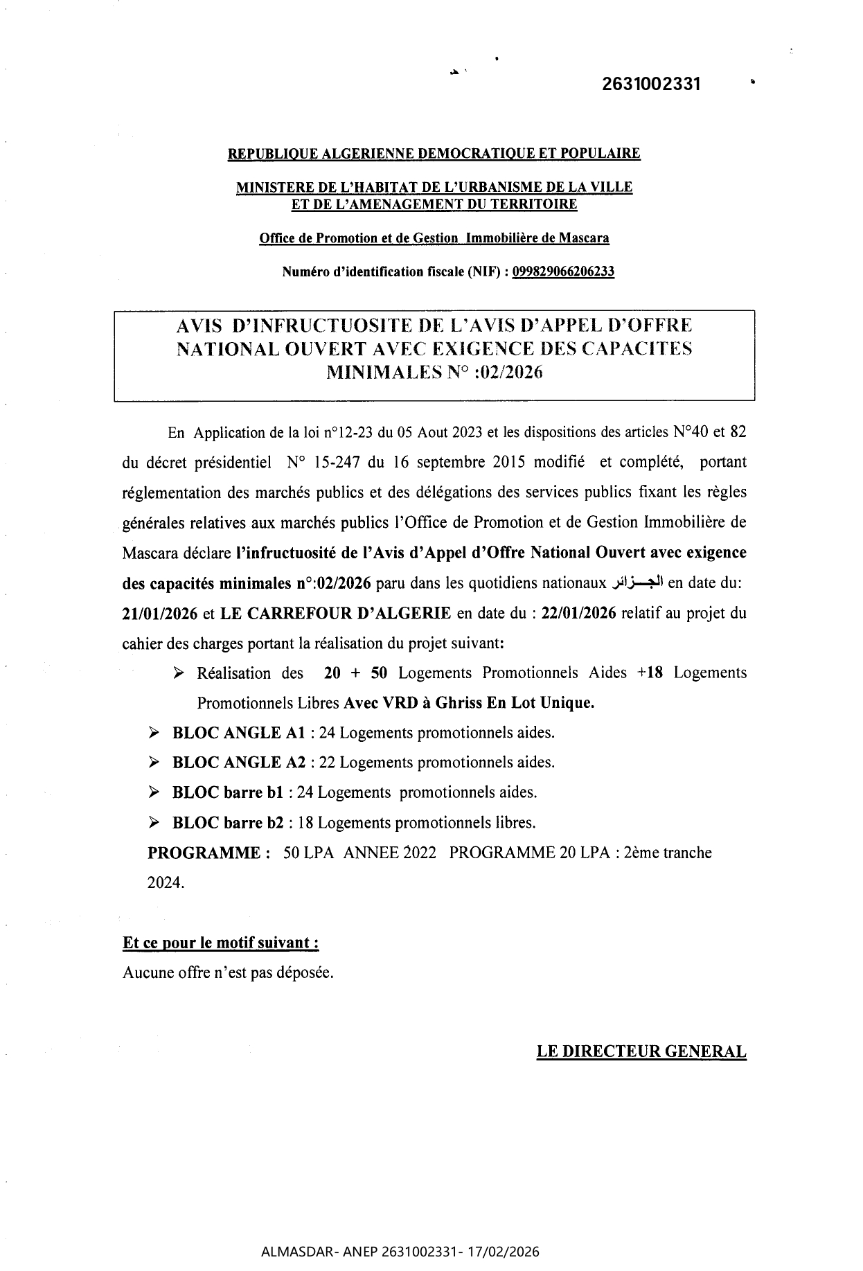 avis d'infructuosite de l'avis d'appel d'offr national ouvert avec exigence des capacites minimales n 02/2026