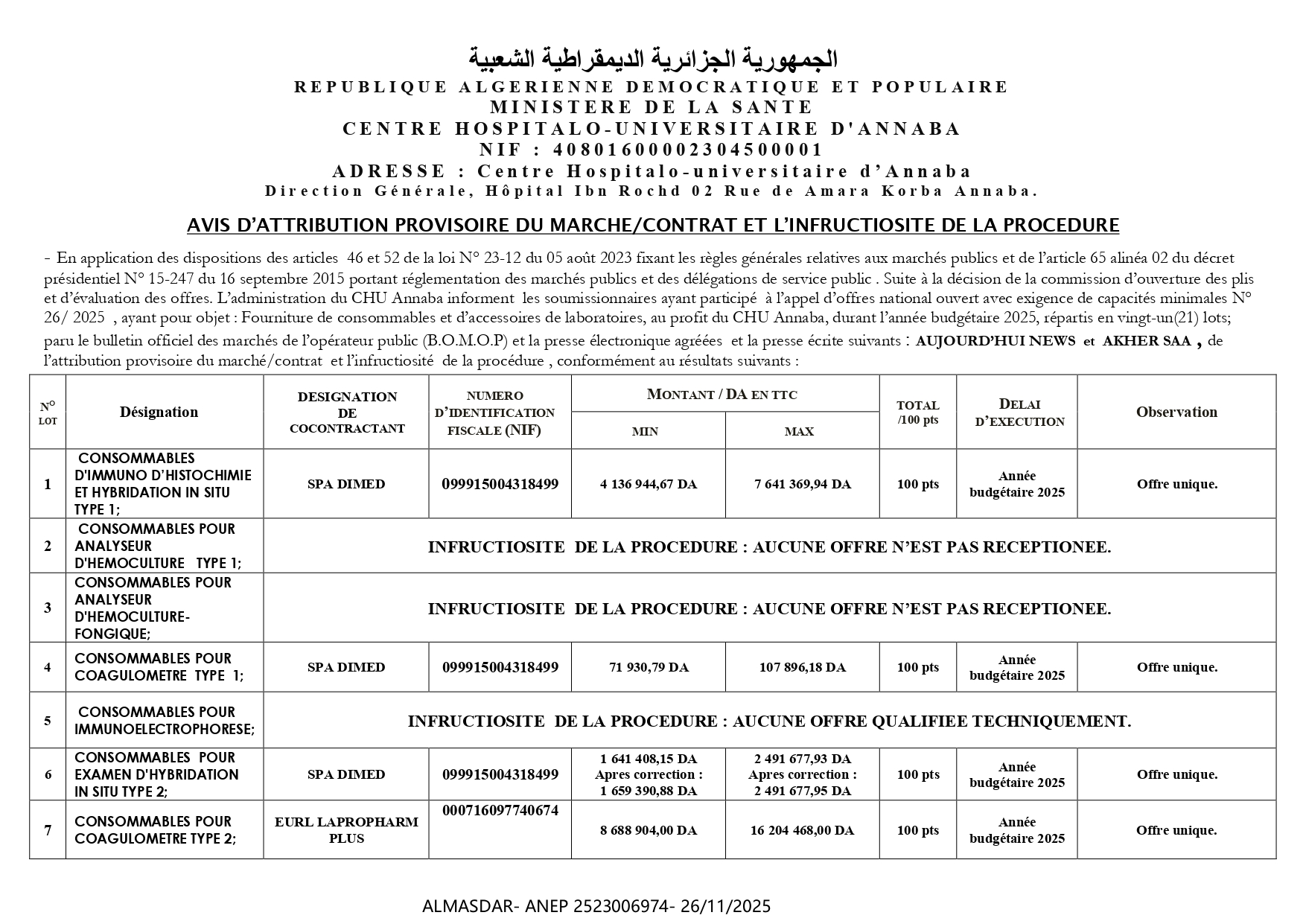 UCTIOSITE DE LA PROCEDURE AVIS D’ATTRIBUTION PROVISOIRE DU MARCHE/CONTRAT  